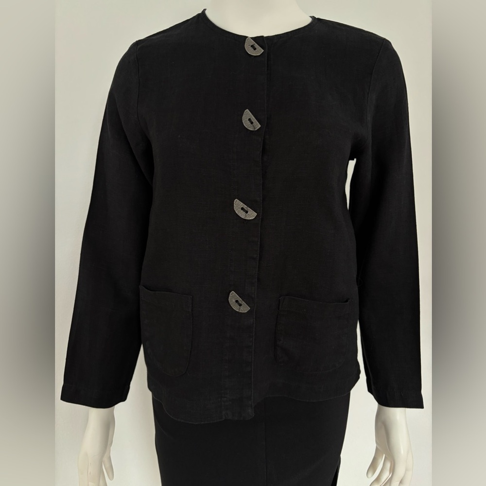 Nannette Keller 100% linen Black Women's Jacket Blazer with Unique Button Design